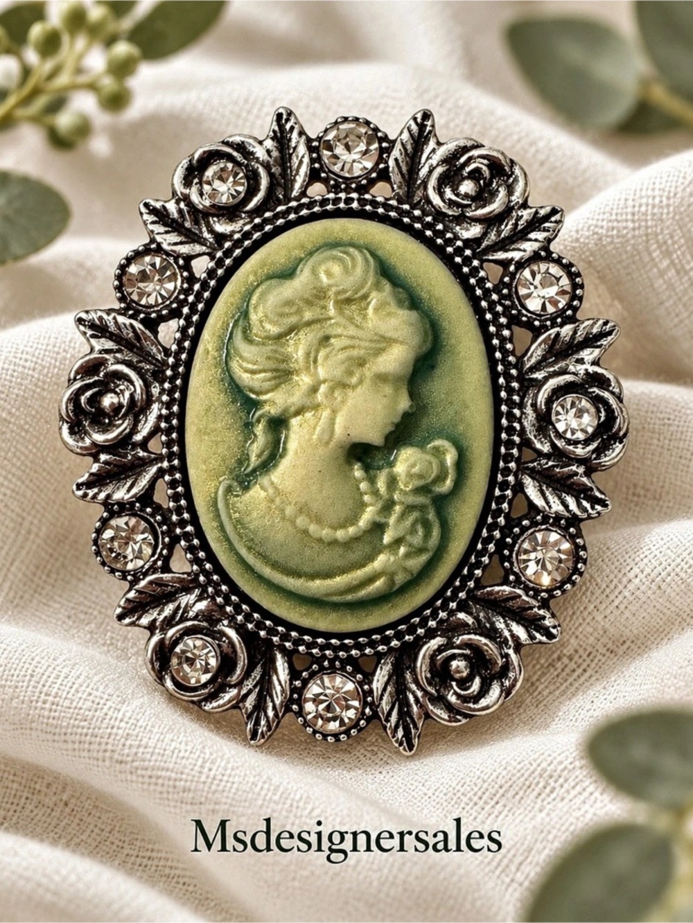 Green Cameo Rhinestone Brooch 220